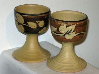   Stoneware Wine Water Goblets Glasses Mid Century Pottery Ceramic