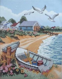STAMPED Cross Stitch KIT~SEAGULL BAY~Fishing Boat Waves Cottages~Dimen 