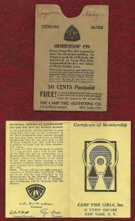   CAMP FIRE GIRL   1940 MEMBERSHIP CARD   PIN AD ENVELOPE   NOT SCOUT