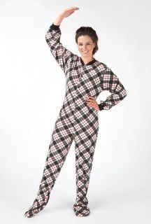 Womens Black Tartan Snuggaroo Onesie PJs Footed Pyjamas All In One 