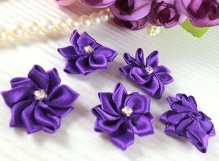 25 Satin Ribbon Flower Rhinestone Appliques~Dark Purple~Dress/Wedding 