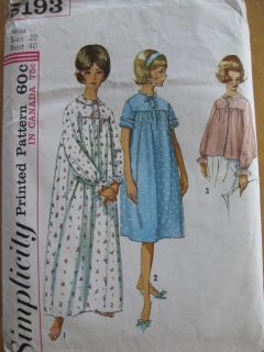 UNUSED SIMPLICITY PATTERN MISSES SIZE 20 NIGHTGOWN, BED JACKET #5193