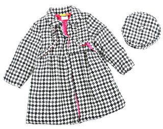Penelope Mack Girls Black & White Checks Wool Coat W/Hat Size 4 5 6 6X