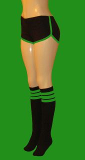 Black Retro Shorts w/Green trim & black kneehigh socks w/neon green 