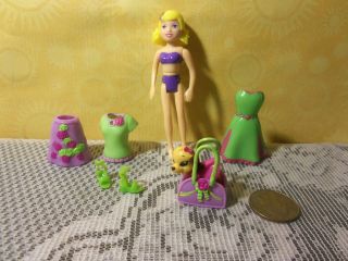 POLLY POCKET 1 DOLL ROSE OUTFIT & GREEN PINK DRESS HEELS DOG CARRIER 