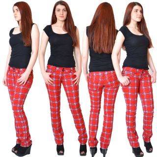   Ladies Red Tartan / Red Plaid Trousers Punk Rockability Trousers