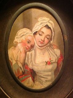 Antique Oil Painting on Tin 2 Young Women 18th Cent Dress Wood 