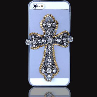   &GOLD METAL CROSS 3D DIAMOND CLEAR HARD CASE COVER FOR IPHONE 5 WXD06