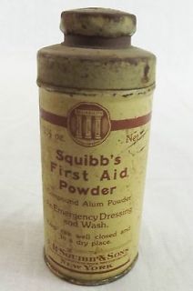 squibbs vintage first aid medical powder tin bottle one day