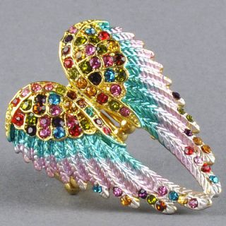   Jewelry Gold Multi Color Crystal Angel Wing Elastic Stretchy Ring