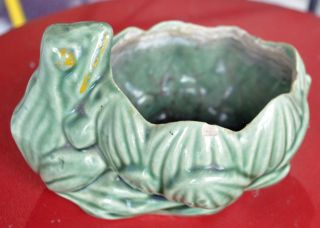 Vintage McCoy Frog and Flower Ceramic Bowl Green Amphibian Candy DIsh 