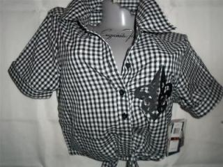   DEREON~black~WHITE~checked~CALENDER GIRL~pin up~ROCKABILLY~TOP~shirt~S