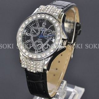   Luxury Womens Black Crystal Analog Quartz Wrist Leather Band Watch S40
