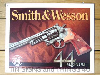 Smith & Wesson 44 Magnum TIN SIGN vtg metal wall decor hunting 