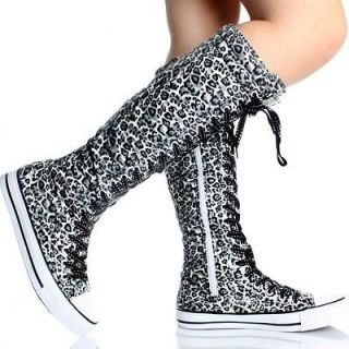Lace Up Knee High Boots Leopard Flat Punk Skate Womens Canvas Sneakers 