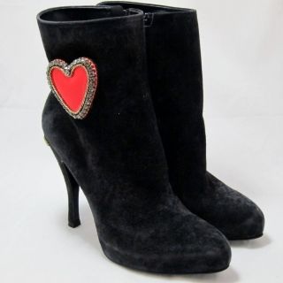 New Roger Vivier Black Suede Boots Red Hearts Shoes Size 6.5 / 36.5 K 