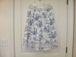 CHRIS. TAN 100% Cotton Blue and White Toile Pleated Knee Length Skirt 