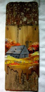 Newly listed unusual farm painting on old wood roof shingles by Zano