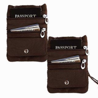 TWO PASSPORT Leather ID Holder Neck Travel Pouch Wallet/ (Brown 