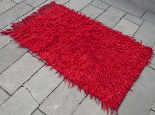 Turkish Shaggy Rug 41x 71 Angora Wool Tulu Filikli Antique Kilim RED