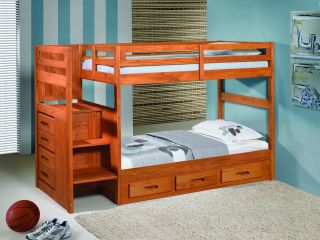 Twin/Twin Staircase Bunk Bed   Cinnamon Stairway Bunkbed   FREE 