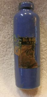 VINTAGE SMALL BLUE STONEWARE WINE BOTTLE FLASH with CORK PARTIAL LABEL