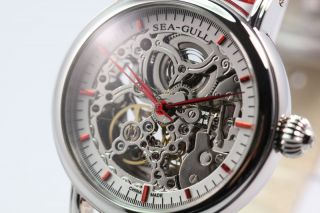 NEW SEA GULL M182SK Automatic Mechanical Watch / Silver Skeleton Red 