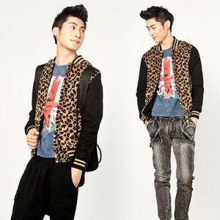   Leopard Animal Print Mens Jacket Casual Stand Collar Coat Sporty Top