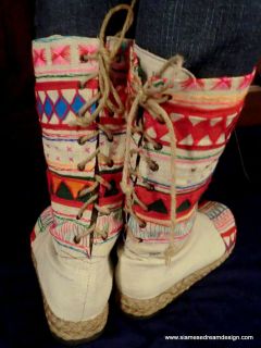 Tribal Embroidered & Appliquéd Natural Woven Cotton Back Lace Boots