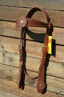   Shape Browband Headstall w/Leather Conchos, Brass Studs & Buckles