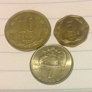 Lot of 3 coins from Chile 10 Pesos   2006, 1 5 Pesos   2006, 1 Escudo 