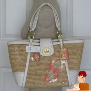 New Authentic Coach Hamptons Weekend Straw Flower Applique Tote Bag 