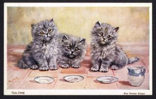 blue persian kittens cats tea time postcard 1920 time left