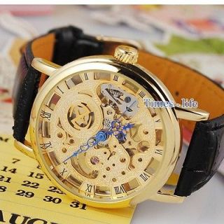 Golden Skeleton Watch Mens Mechanical Ultra Thin Wind up Leather