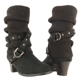 Girls Ruched Mid Calf Faux Suede Knitted Fabric High Heel Boots Black 