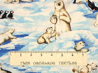 South Sea Imports Cotton Fabric Polar Bear Penguin Scrub Blue YARD 