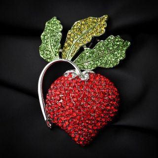   Red Rhinestone Strawberry Olivine Leaf Brooch Pin Swarovski Crystal