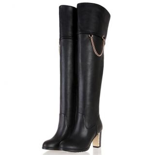 Womens Cuban heels Cow Leather Zipper Chain Over The Knee Boots Plus 