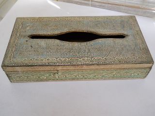 VTG Italian Florentine TISSUE BOX COVER GREEN wood hinged Kleenex