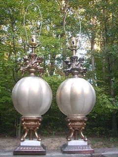   Antique Cherub Glass Speckle Globes Brass Marble Base Table Desk Lamps