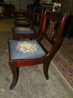  SET OF 5 ANTIQUE NEEDLEPOINT MAHOGANY HARP LYRE DINING ROOM CHAIRS