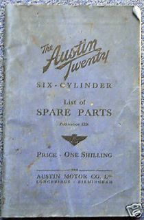 austin twenty 6 cyl car spare parts list catalogue 1935