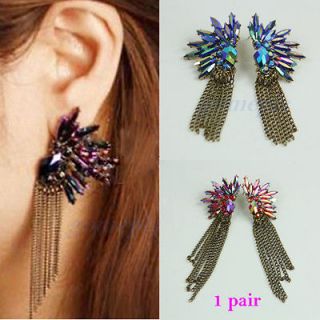 Vintage Boho Luxury Colorful Shiny Crystal Flower Chain Tassels Ear 