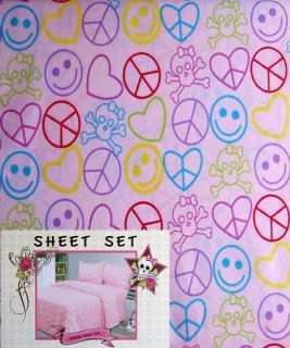 PINK COOKIE RAINBOW PEACE SIGNS HEARTS PINK 4PC FULL SHEETS BEDDING 