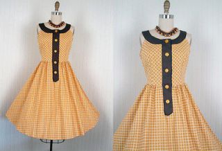 Vintage 50s Dress New MUSTARD AND CHOCOLATE Cotton Print Sun Party S M 