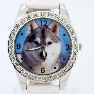 Animal Wolf Face White Leather Band Quartz Wristwatch Gfit L16W