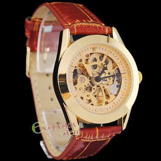   NEW Mens Business Automatic Self Winding Skeleton Case Golden Watch