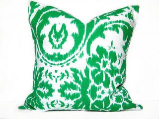 Green Ikat Pillow Cover White Decorative Accent 18x18 Repurposed