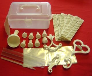   CAKE DECORATING KIT IN BOX. ICING BAGS, NOZZLES, LETTER STENCILS+