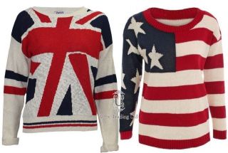 LADIES USA AMERICAN UNION JACK GREAT BRITAIN FLAG LONG SLEEVE KNITTED 